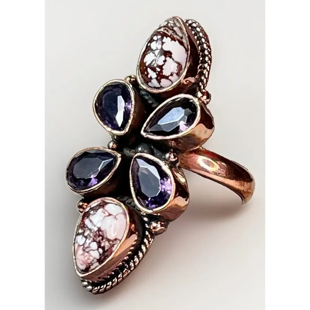 Wild Horse Turquoise Amethyst Copper Cluster SW Statement Ring Adj Sz Handmade